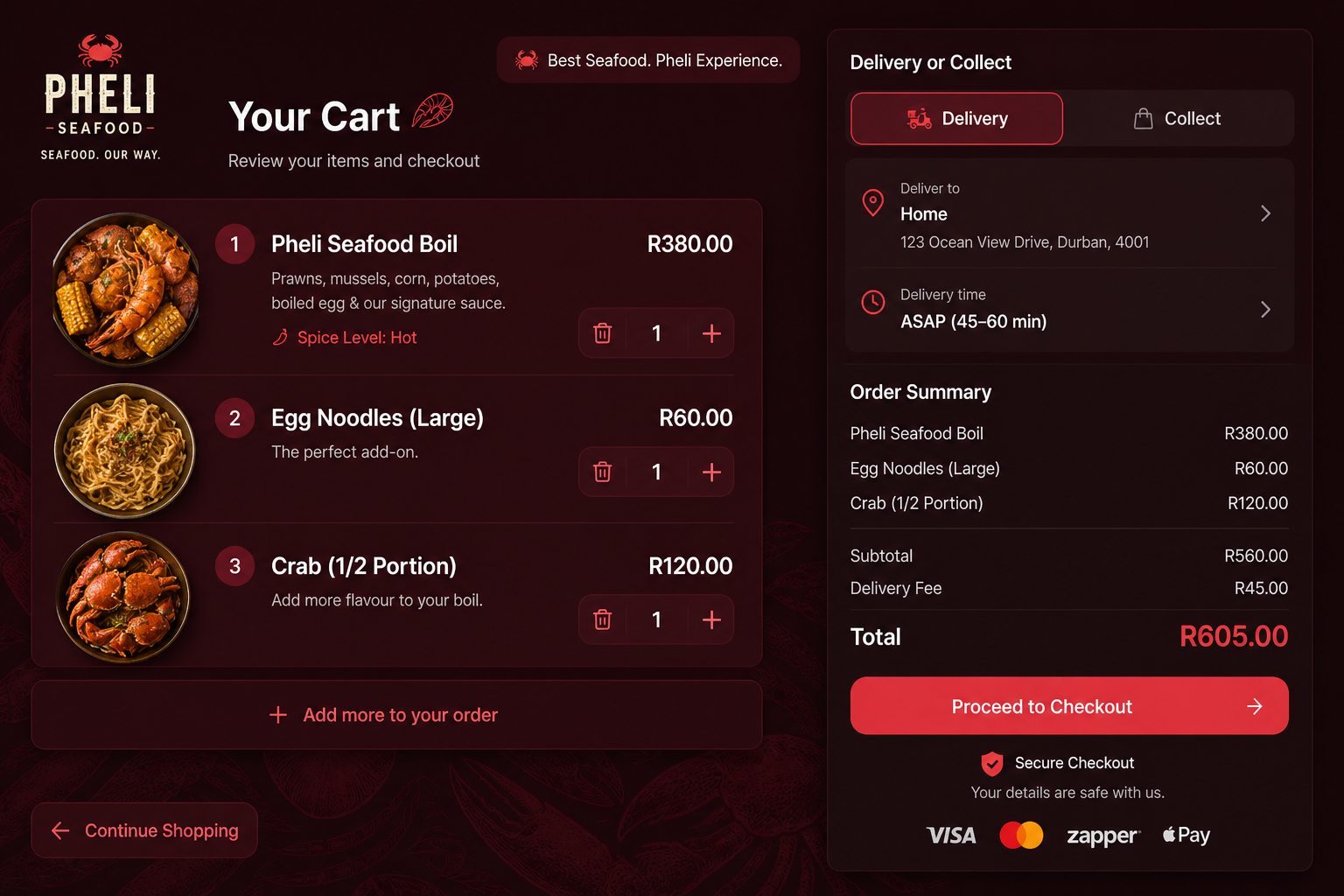 Pheli Seafood interface